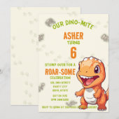 Cute Oranje Dinosaurus T-Rex Verjaardagsuitnodigin Kaart (Voorkant / Achterkant)