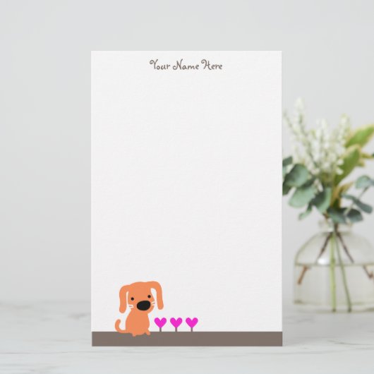 Cute Oranje Dog & Hearts Briefpapier (Staand voorkant)