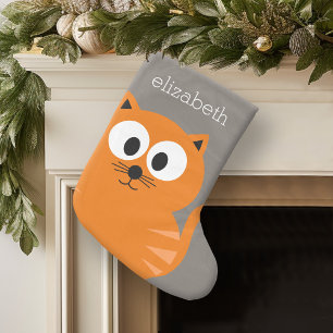 Cute Oranje Fat Cat met Taupe Personalized Grote Kerstsok