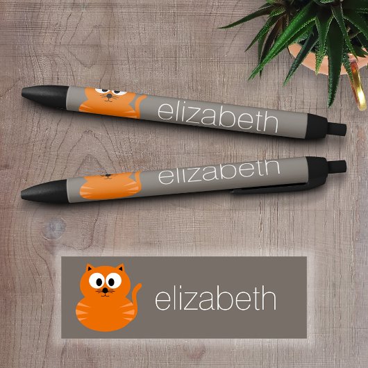 Cute Oranje Fat Cat met Taupe Personalized Zwarte Inkt Pen