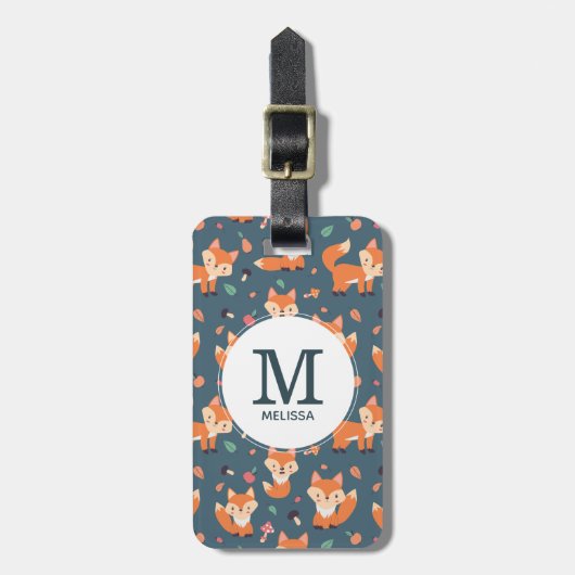 Cute Oranje Fox Animal Pattern Monogram Bagagelabel (Voorkant verticaal)