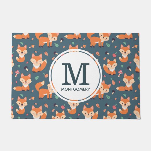 Cute Oranje Fox Animal Pattern Monogram Deurmat (Voorkant)