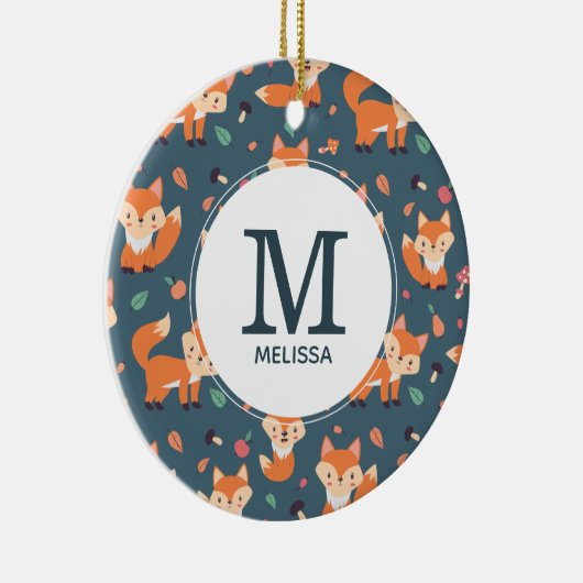 Cute Oranje Fox Animal Pattern Monogram Keramisch Ornament (Rechts)