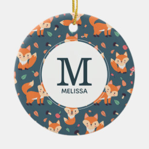 Cute Oranje Fox Animal Pattern Monogram Keramisch Ornament
