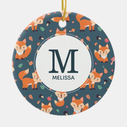 Cute Oranje Fox Animal Pattern Monogram Keramisch Ornament (Voorkant)
