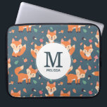 Cute Oranje Fox Animal Pattern Monogram Laptop Sleeve<br><div class="desc">Gepersonaliseerde laptophoes met een patroon gemaakt van schattige en gelukkige oranje vossen. Donkergroene achtergrond. Kleine paddenstoelen en bladeren sprinikken over. Een witte cirkel die over bovenkant met jouw naam en monogram initiaal binnenin gelaagd wordt.</div>