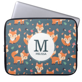 Cute Oranje Fox Animal Pattern Monogram Laptop Sleeve