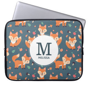 Cute Oranje Fox Animal Pattern Monogram Laptop Sleeve