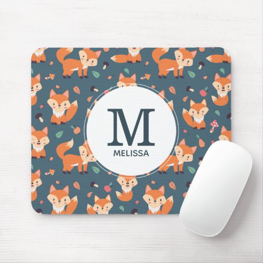 Cute Oranje Fox Animal Pattern Monogram Muismat (Met muis)