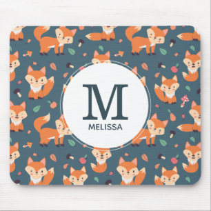 Cute Oranje Fox Animal Pattern Monogram Muismat