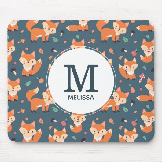 Cute Oranje Fox Animal Pattern Monogram Muismat (Voorkant)