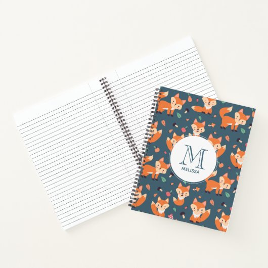 Cute Oranje Fox Animal Pattern Monogram Notitieboek (Binnen)