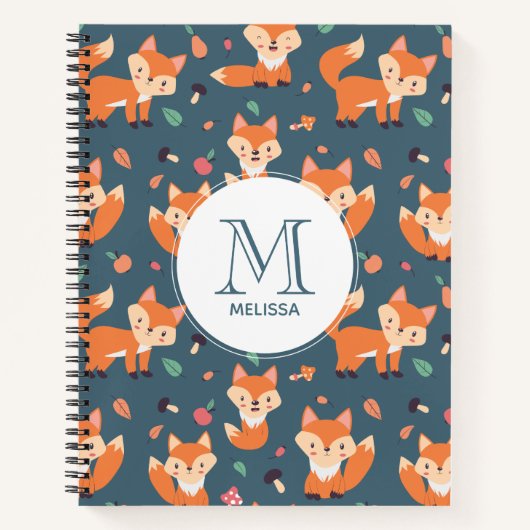 Cute Oranje Fox Animal Pattern Monogram Notitieboek (Voorkant)