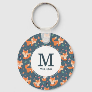 Cute Oranje Fox Animal Pattern Monogram Sleutelhanger