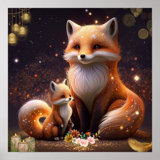 Cute Oranje Fox Ma & Baby Art Nursery Poster (Voorkant)