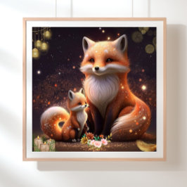 Cute Oranje Fox Ma & Baby Art Nursery Poster