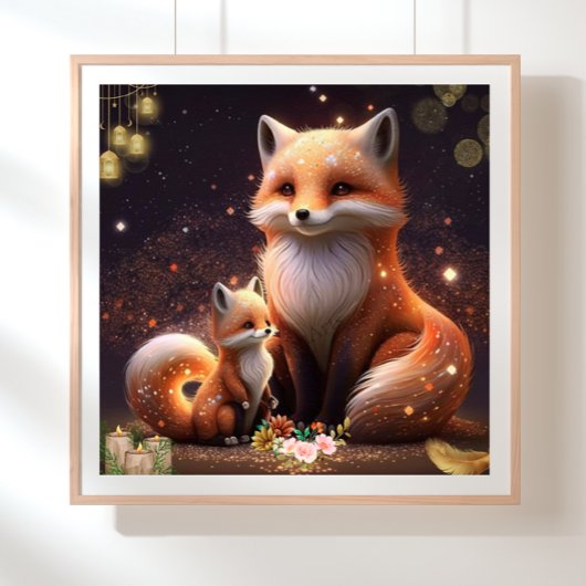 Cute Oranje Fox Ma & Baby Art Nursery Poster