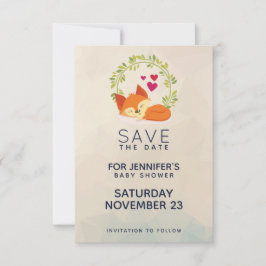 Cute Oranje Fox met Green Wreated Baby shower Save The Date