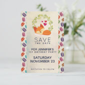 Cute Oranje Fox met Wreath Birthday Save The Date (Staand voorkant)