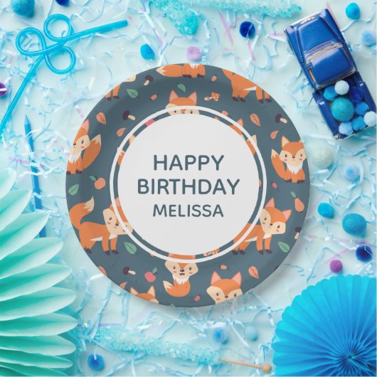 Cute Oranje Fox Pattern Happy Birthday Papieren Bordje (Feest)