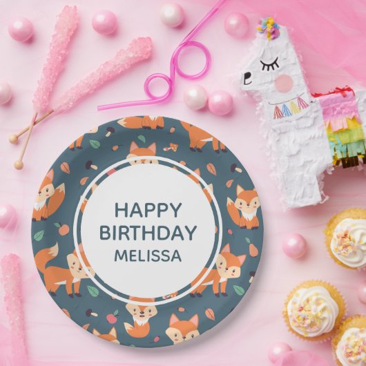 Cute Oranje Fox Pattern Happy Birthday Papieren Bordje (Feest)