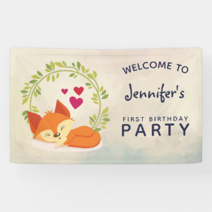 Cute Oranje Fox, Red Hearts en Green Wreater Spandoek