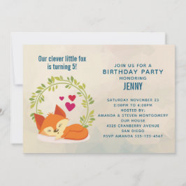 Cute Oranje Fox, Red Hearts en Wreated Birthday Kaart