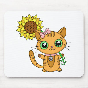 Cute Oranje Kawaii Cat met zonnebloem Muismat
