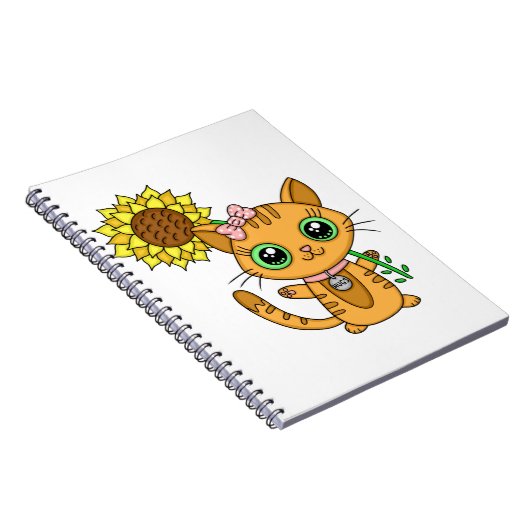 Cute Oranje Kawaii Cat met zonnebloem Notitieboek (Rechterzijde)