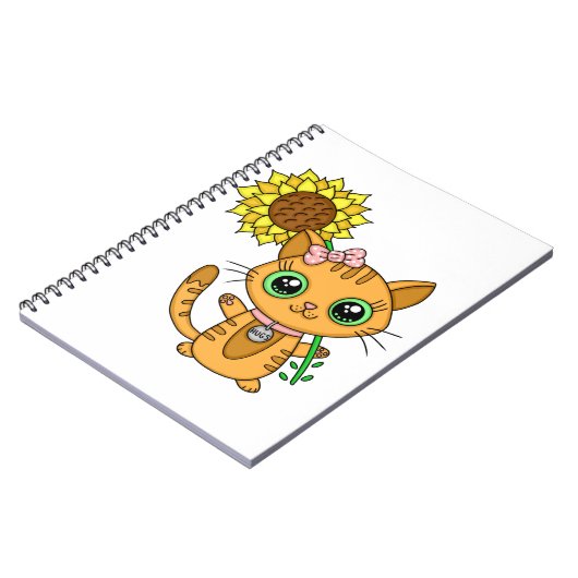 Cute Oranje Kawaii Cat met zonnebloem Notitieboek (Linkerzijde)