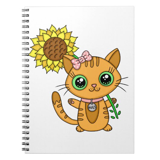 Cute Oranje Kawaii Cat met zonnebloem Notitieboek (Voorkant)