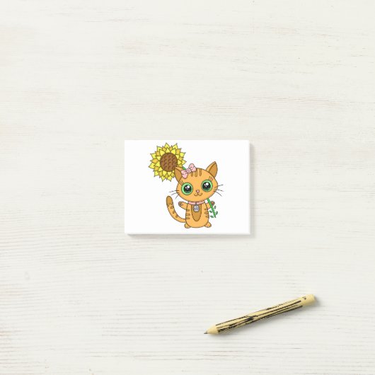 Cute Oranje Kawaii Cat met zonnebloem Post-it® Notes (Op bureau)