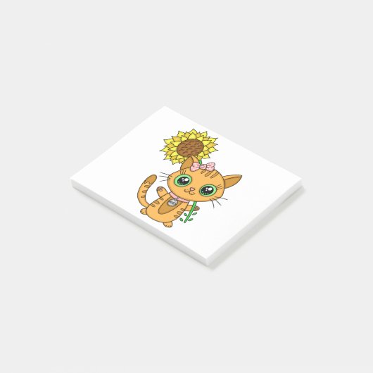 Cute Oranje Kawaii Cat met zonnebloem Post-it® Notes (Schuin)