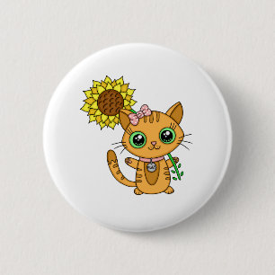 Cute Oranje Kawaii Cat met zonnebloem Ronde Button 5,7 Cm