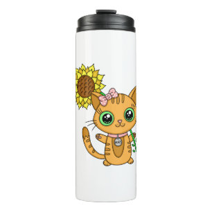Cute Oranje Kawaii Cat met zonnebloem Thermosbeker