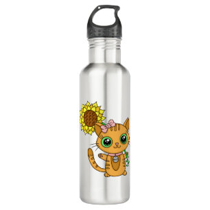 Cute Oranje Kawaii Cat met zonnebloem Waterfles