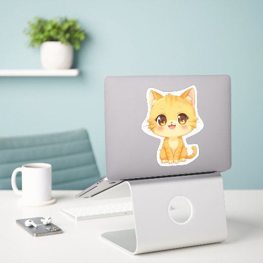 Cute Oranje Kitten Sticker (Laptop op bureau)