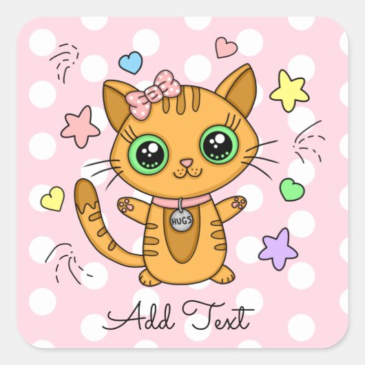 Cute Oranje Kitty Cat roze Polka Dot gepersonalise Vierkante Sticker (Voorkant)