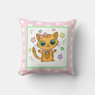 Cute Oranje Kitty Cat roze Polka Dot Kussen