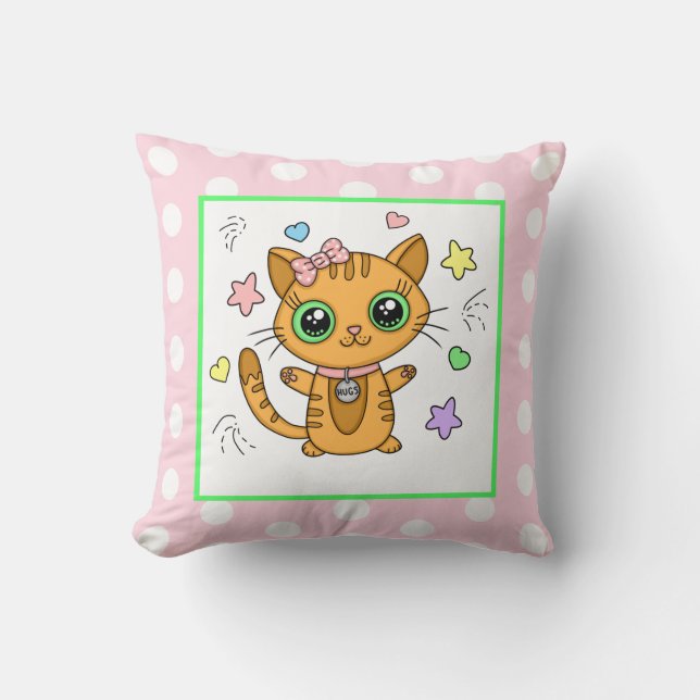 Cute Oranje Kitty Cat roze Polka Dot Kussen (Voorkant)
