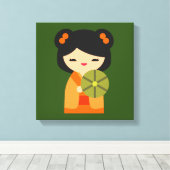 Cute oranje Kokeshi Japanse poppen Canvas Afdruk (Insitu (Houten vloer))