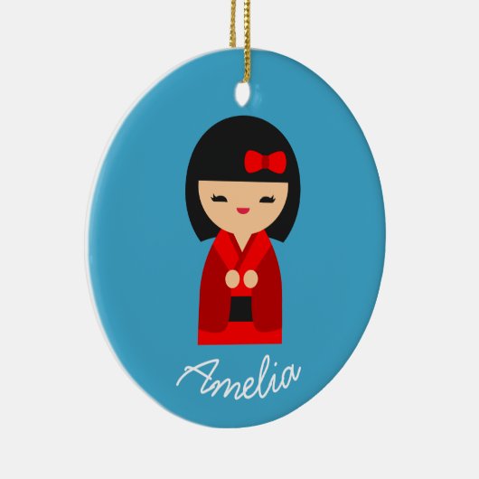 Cute oranje Kokeshi Japanse poppen Keramisch Ornament (Rechts)