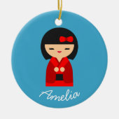 Cute oranje Kokeshi Japanse poppen Keramisch Ornament (Voorkant)