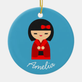 Cute oranje Kokeshi Japanse poppen Keramisch Ornament