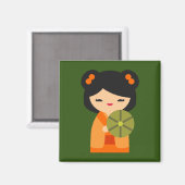 Cute oranje Kokeshi Japanse poppen Magneet (Voorkant / Achterkant)