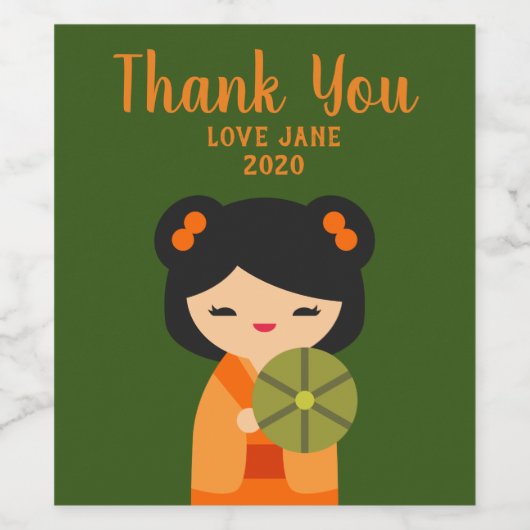 Cute oranje Kokeshi Japanse poppen Wijn Etiket (Enkel label)