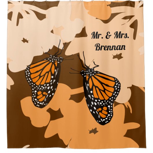 Cute Oranje Mr & Mrs Monarch Butterfly Pair Douchegordijn (Voorkant)