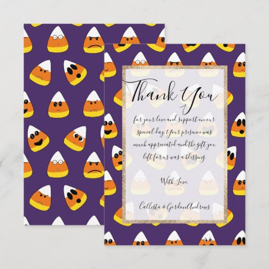 Cute Oranje Paars Halloween Emoji Candy Corn Bedankkaart (Voorkant / Achterkant)