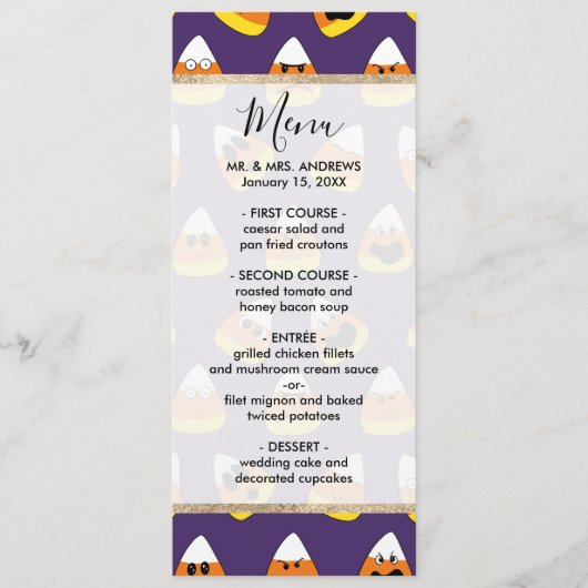 Cute Oranje Paars Halloween Emoji Candy Corn Menu (Voorkant)