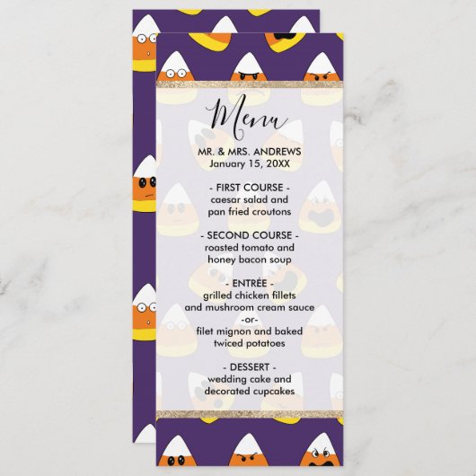 Cute Oranje Paars Halloween Emoji Candy Corn Menu (Voorkant / Achterkant)